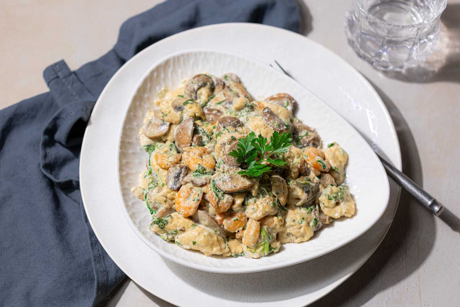 Low Carb Scherennudeln mit Kürbis & Pilz-Garnelen-Soße